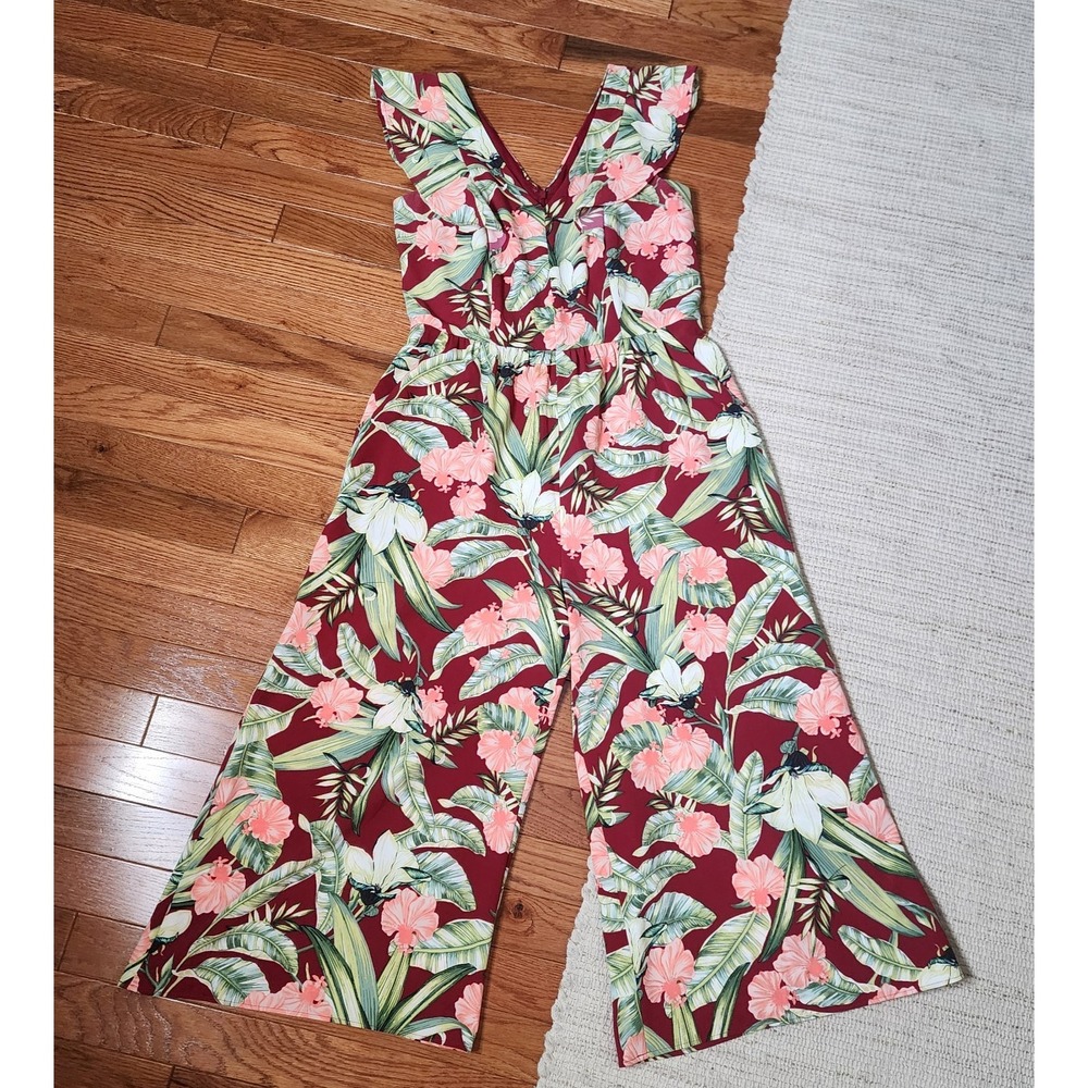 Ann Taylor Floral Wide Leg Jumpsuit Multicolor Flutter Sleeve Tropical Pocket 4P